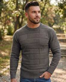 Men's Textured Knit Sweater, Winter Long Sleeve Round Neck Blouse, Modern Knit - màu đen - Xem 4