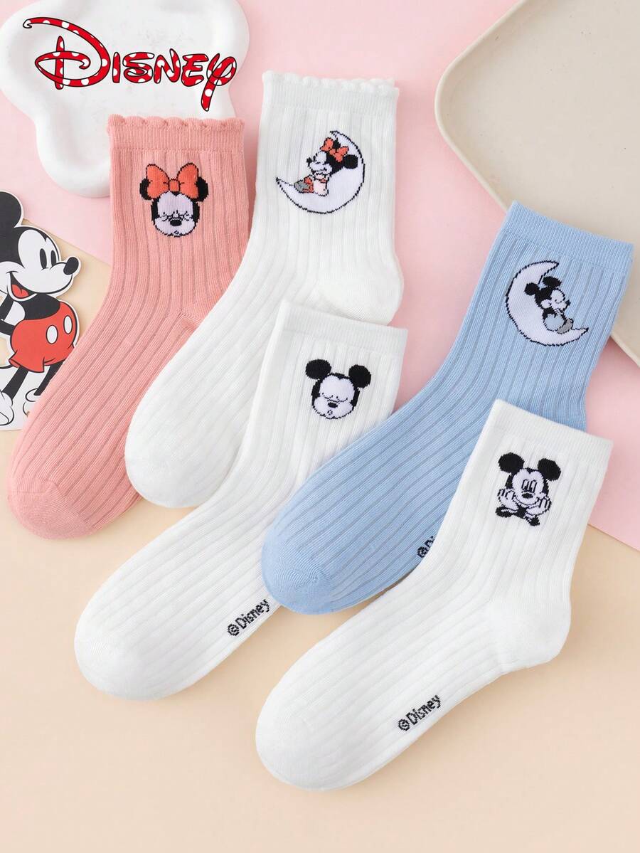 Disney 5双装迪士尼女士中筒袜 - 卡通米奇和米妮图案，可爱小月亮竖条纹 - 四季皆宜，适合日常休闲穿着 - 彩色 - 查看 1
