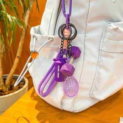 1 pieza Llavero de motivación deportiva para mujeres y hombres, llavero 3D de raqueta de tenis y mancuerna, accesorio de botella agitadora con tema de fitness, accesorio de cordón trenzado vibrante, regalo único de entrenamiento para atletas