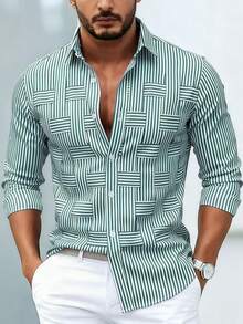 Men's Striped Geometric Patchwork Long Sleeve Shirt, Business Casual Style, Unique Fashion Design, Slim Fit, Lightweight 100% Polyester Fabric, Daily Commute Versatile Niche Style Cardigan Top - Mint Green - View 11