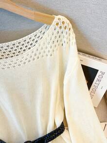 Women's Loose Knit Cover Up, Long Sleeve, Semi-Sheer, Fringed, Solid Color, Casual Beach Vacation Wear, Spring/Summer White - White - View 3