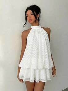 Vestido mini elegante de mujer con cuello halter y lazo en color amarillo claro - Blanco - Ver 11