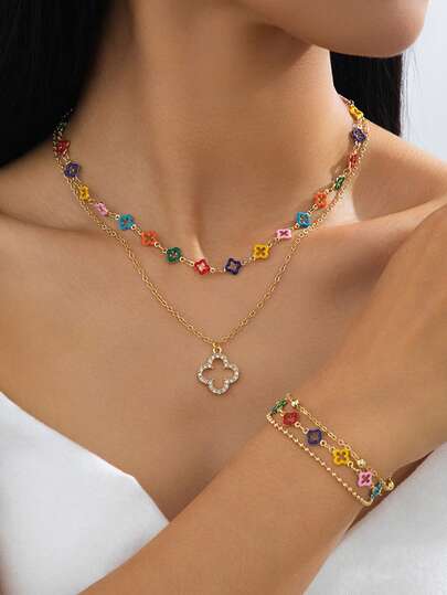 Bộ 2 món trang sức hình cỏ ba lá rỗng nhiều lớp, màu sắc rực rỡ và dễ thương, thích hợp làm quà tặng hàng ngày và ngày lễ cho phụ nữ.