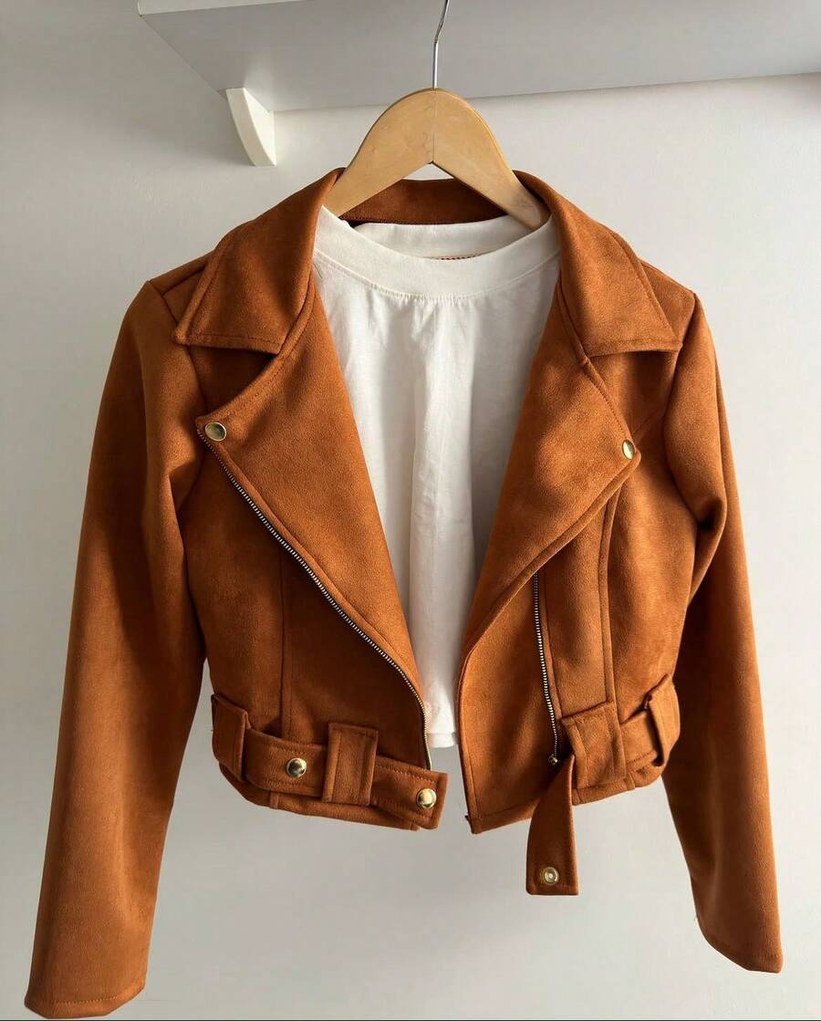 Elegant Warm Suede Jacket With Belt - Women's Party Dress - Elegant Contrast - Office Casual Blouse - Women's Winter - 駝色 - 查看 1