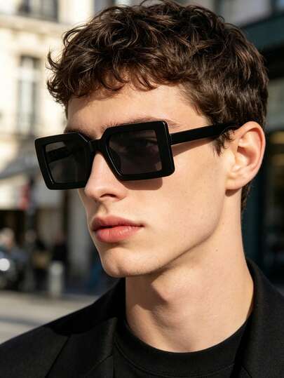 1 PC Men's Classic Casual Black Square Fashion Glasses Lightweight Polycarbonate Frame With Gray Lenses Suitable For Daily Commute Driving With Glasses Box