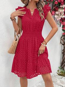 PRETTYGARDEN Women's Summer Dresses Eyelet Cap Sleeve V Neck Short Boho Wedding Guest Graduation Dress Beach Vacation Sundresses Dresses For Women - 紅色 - 查看 4