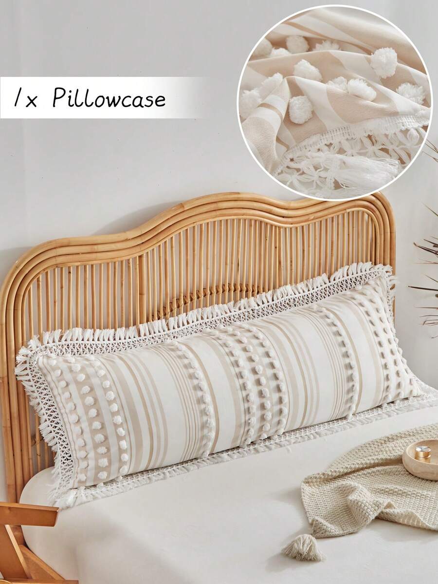 1pc Bohemian Style Khaki Cutout Pom Pom Decorative Pillowcase With Tassels, Vintage Rustic Polyester Decorative Bolster Cover Suitable For All Seasons, Home Decor Long Pillow Sham, Machine Washable, Pillow Insert Not Included - Khaki - View 1