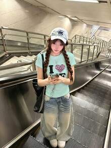 心形字母印花修身短袖T恤，女士夏季美式独特休闲上衣 - 薄荷綠 - 查看 2