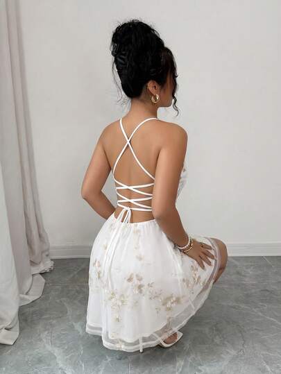 abyoxi Vestido mini elegante de mujer con malla blanca bordada, tirantes finos en escote en V, cintura con lazo en la espalda, espalda descubierta, forro ajustado, suave y dulce, joven y picante, para citas, cumpleaños, fiestas, playa, vacaciones, primavera/verano