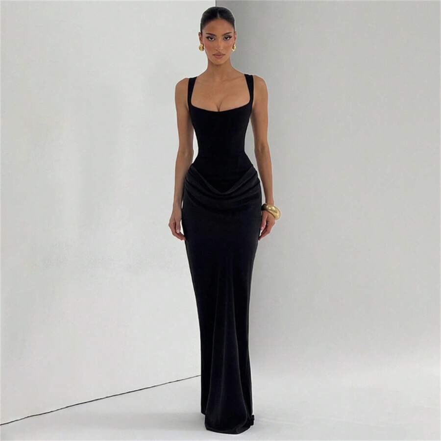 Women's Solid Color Sexy Bodycon Dress, Sleeveless Square Neck Ruched Maxi Gown, Elegant Formal Evening Party Dress - Black - View 1