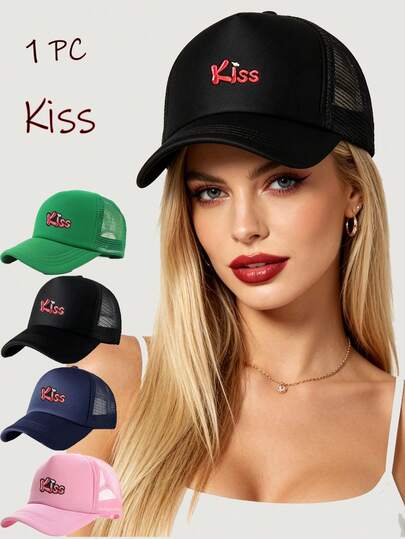 Mũ lưỡi trai lưới nữ in chữ "Kiss" cá nhân hóa, nhẹ, thoáng khí, mũ chống nắng ngoài trời có thể điều chỉnh, mũ lưới thoáng khí tối giản unisex, phù hợp cho các hoạt động thể thao ngoài trời, thời trang đường phố và mặc hàng ngày.