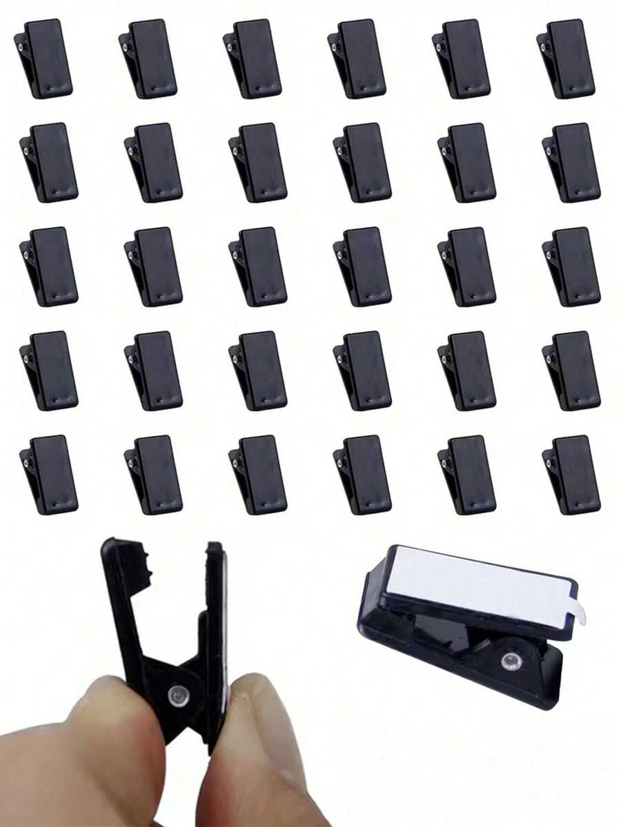 30pcs Self-Adhesive Wall Tapestry Clips, Plastic Adhesive Clips, Small Hanging Spring Clips, Double-Sided Adhesive Spring Clips, Suitable For Posters, Photo Paper, Flags, Home And Office, Strong Adhesive Brackets, Suitable For Dorm Wall Art, Quick Installation Without Drilling - Black - View 1