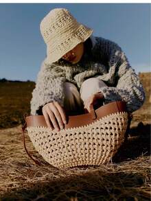 Women Tote Bags - Grass-colored With Brown Leather, Large Size - View 3