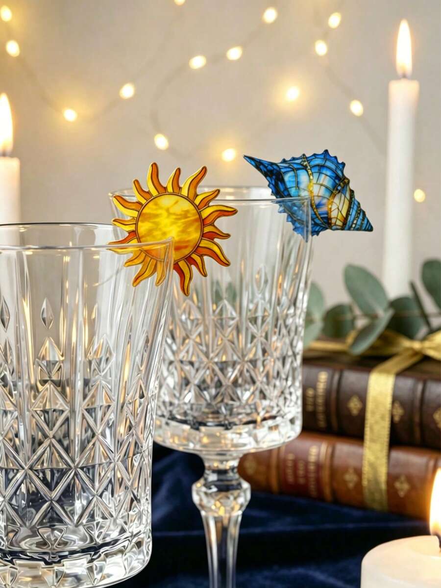 1pc/5pcs Bohemian Style Sun Shell Cup Identifier Plate, Reusable Starry Sky & Ocean Theme Cup Identifier, Themed Cup Labels, Colorful Glass Decor, Party Drink Accessories, Gold-Rimmed Sun Shell Cup Identifier, Beach & Sunshine Theme Party Cup Labels, Wedding Reception Glass Cup Identifier, Summer Theme Drink Identifier, Home Party Accessories