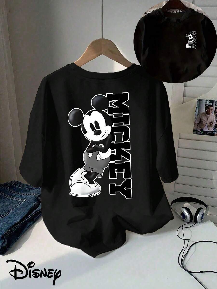 Disney Women's T-Shirt Classic Cartoon Mickey Double-Sided Printed T-Shirt, Short Sleeved Round Neck Casual Top, Suitable For Summer And Spring, Short Sleeved Top, Women's Clothing - màu đen - Xem 1