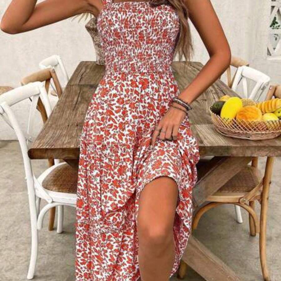 Women's Summer Spaghetti Strap Ditsy Floral Vacation Dress - Burnt Orange - View 1