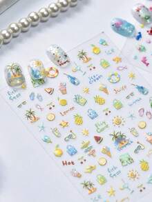 1 miếng dán móng tay hình vỏ sò hologram, họa tiết bãi biển, hình cocktail và sao biển nổi 3D, phụ kiện trang trí móng tay tự dính. - Nhiều màu - Xem 8