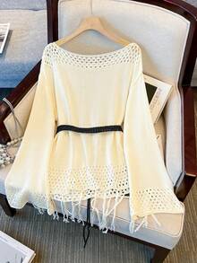 Women's Loose Knit Cover Up, Long Sleeve, Semi-Sheer, Fringed, Solid Color, Casual Beach Vacation Wear, Spring/Summer White - White - View 2