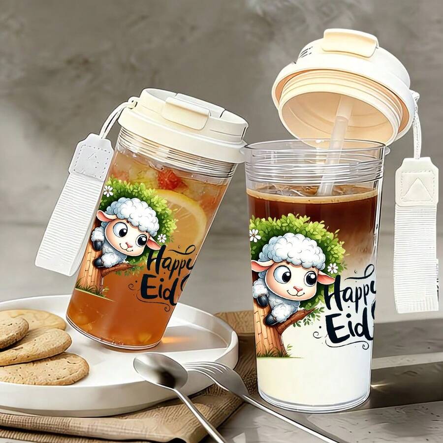1/5個 500ml「開齋節快樂」可愛羊咪主題便攜旅行杯 - 透明咖啡杯,防漏水瓶附吸管與掛繩,適合旅行、學校、辦公室及開齋節慶祝 - 送給女性、穆斯林朋友、羊咪愛好者及開齋節愛好者的歡樂禮物 - 多色-羊上樹 - 查看 1