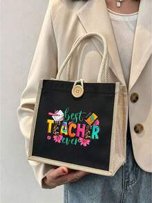 Túi vải lanh in chữ hoa "Best Teacher" (Người thầy tuyệt vời nhất), quà tặng Ngày Nhà giáo, túi tote in hình có thể tái sử dụng, túi tote đi làm hàng ngày. - Nhiều màu - Xem 12
