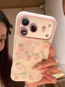 Korean Style Girly Gold-Plated Strawberry & Star 17 Pro Max Phone Case, Minimalist Elegant Protection Cover Compatible With Iphone 17 Pro, 16 Pro, 15 Pro, 14 Pro Max - Pink - View 4