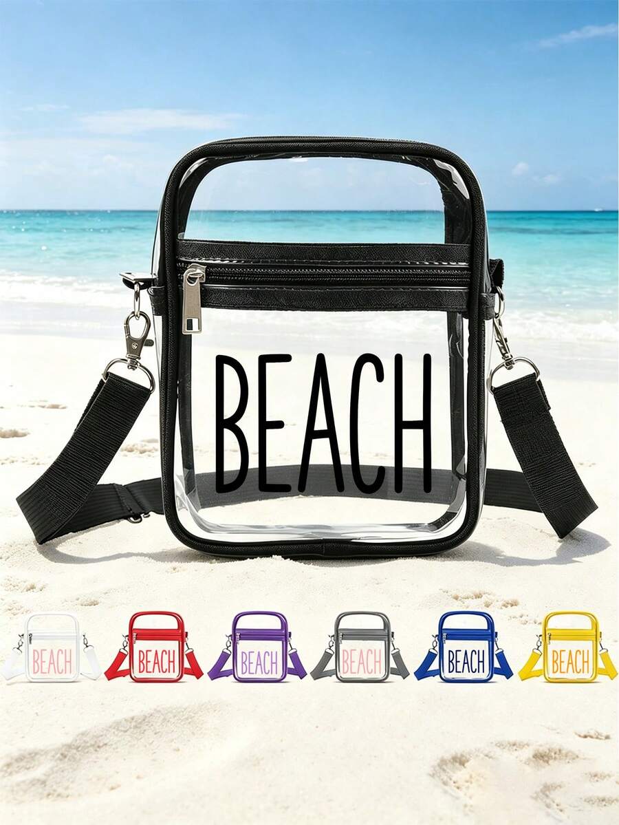 1pc Clear Crossbody Makeup Bag, Printed Beach Word ,Transparent Cosmetic Pouch With Adjustable Strap, Travel Toiletry Bag, Suitable For Vacations - Multicolor - View 1