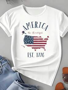 Casual T-Shirt America The Beautiful Usa Map Flag Design Est 1776 Patriotic Independence Day Celebration Summer Outfit For Women 220g - trắng - Xem 3