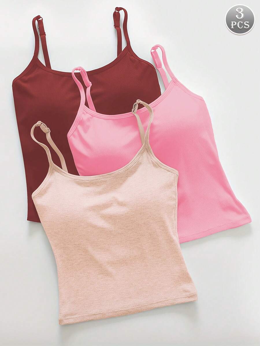 3pcs Women Solid Color Ribbed Camisole With Padded Bra, Casual Sexy Cropped Tank Top - Multicolor - View 1