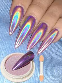 FULL BEAUTY Pink Laser Nail Powder Holographic Aurora Magic Mirror Nail Glitter Powder Y2K Nail Sparkly Gel Nail Polish Summer With Sponge Sticks Nail Supplies - Multicolor - View 5