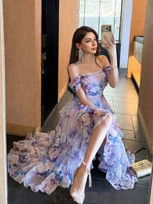 Abito elegante da donna con stampa floreale, scollo a spalle scoperte, arricciature e strati, abito da sposa bohémien con chiusura a cerniera, adatto per l'estate - Multicolore - Visualizzare 2