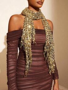 Golden Sparkle Fringe Scarf Party,School - 金色 - 查看 2