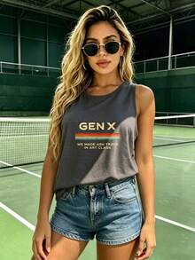 GEN X WE MADE ASH TRAYS IN ART CLASS Retro Distressed Striped Printed Sports Vest Women's Summer Breathable Fitness Sleeveless Top - 灰色 - 查看 3