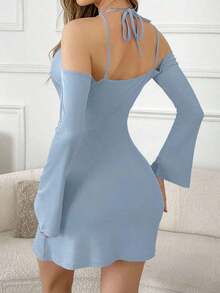 SweetSlumber Vestido de salón elegante y cómodo con hombros descubiertos y tirantes para mujer, para usar en otoño e invierno - Celeste - Ver 2