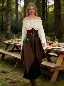 Women's Retro Pirate Style Outfit Set, Including Brown Faux Leather Corset Top And Asymmetric Skirt, Suitable For Theme Parties And Cosplay - Brown - View 6