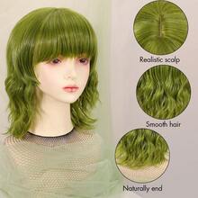 Peruca feminina verde-clara encaracolada, 35 cm (14 polegadas), corte bob ondulado e volumoso com franja, feita de material sintético. Possui touca de rede respirável na cor rosa. Ideal para uso diário, festas, férias, festivais e para se fantasiar. Uma peruca sexy, romântica, elegante, minimalista e casual, resistente ao calor. - Verde - Ver 6