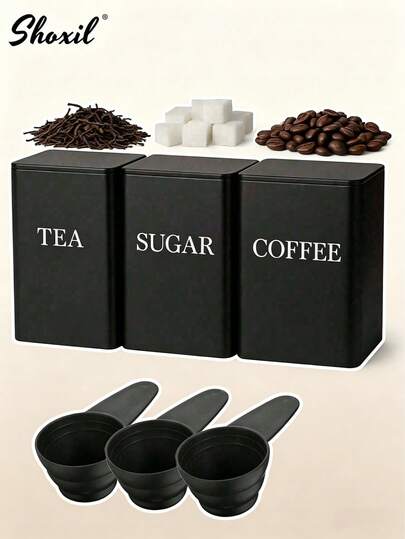 shoxil Juego de 4 tarros de almacenamiento de cocina con tapas y cucharas, opciones de color blanco/negro, tarros de té cuadrados impermeables, recipientes de almacenamiento metálicos con etiquetas, adecuados para almacenar café, té, azúcar, etc., ideales para la organización de la cocina, el comedor, la sala de estar, la sala de té, un gran regalo para amigos y familiares, también una excelente opción para regalos del Día Nacional de Arabia Saudita