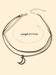 1 pieza Collar gargantilla de cuerda de doble capa con colgante de luna gótica, joyería para fiestas & uso diario - Negro - Ver 4