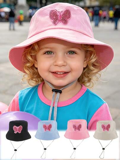 1pc Girls' Butterfly Rhinestone Bucket Hat, Multi-Color Anti-Lost Strap Cap, Multi-Scene Sun Hat For Kindergarten Fairs/Summer Water Play/Kids' Clothing Store Outfits/Parent-Child Shop Visits/Children's Playgrounds