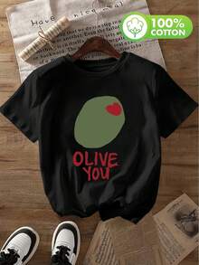- Women's Casual Short-Sleeved, Round-Neck Shirt - Olive You Print, Breathable And Lightweight Top, Washable, - White Shirt For Casual Wear, - Women's Shirts, Playful Patterned Shirt. - Black - View 12
