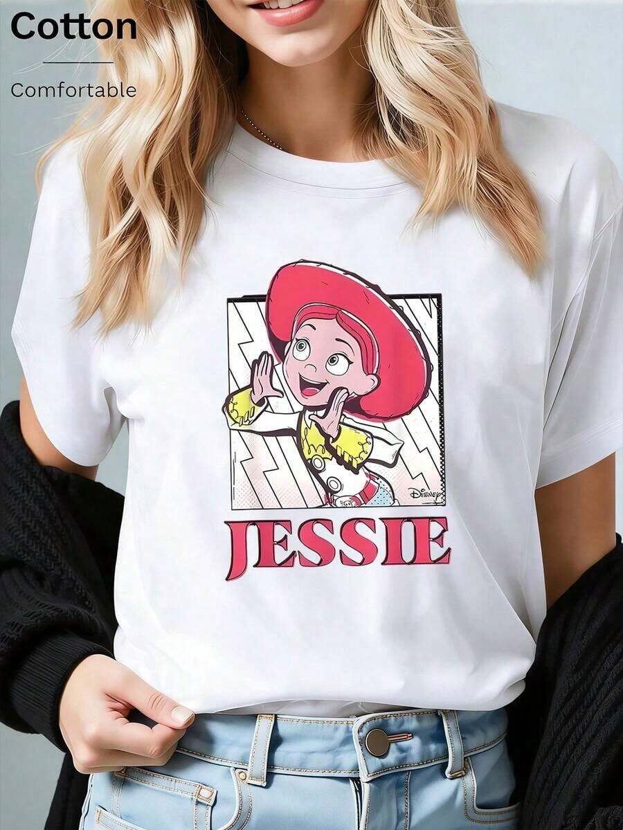 Disney Loose Version Of Toy Story "JESSIE" Cartoon Style Printed T-Shirt, Suitable For Summer And Spring, Short Sleeved Top, Women's Clothing, Holiday Gift Party Clothing. - 白色 - 查看 1