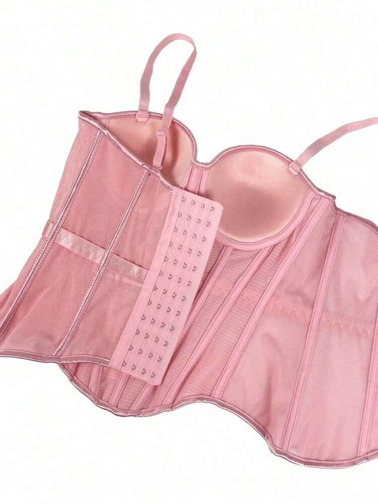 Camiseta sin espalda de malla de unicolor marrón con estilo de corsé para mujer, lencería casual de otoño/invierno negra de verano - Rosa - Añade 7