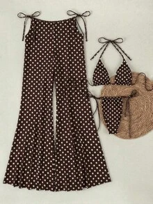 Ensemble bikini 3 pièces à pois marron et blanc avec Top à encolure dégagée, cache-maillot large en maille, style maillot de bain sexy pour les vacances - Multicolore - Voir 4