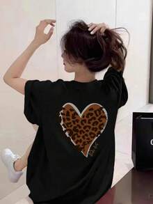 Vintage Women's Crew Neck T-Shirt, Loose Fit, Heart Leopard Print Letter Graphic, Short Sleeve, White, For Spring/Summer - 黑色 - 查看 3