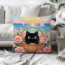 1 件装黑猫花卉印花抱枕套，柔软桃皮绒面料，45*45 厘米，适合房间装饰、室内客厅沙发装饰、派对装饰，装饰枕礼品 - 彩色 - 查看 7