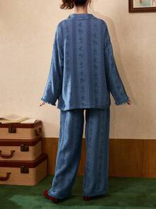 Gongdie Disney 2件套迪士尼米奇女士睡衣套装，可爱卡通印花蓝色纽扣长袖衬衫和松紧腰长裤，柔软流苏家居服 - 藍色 - 查看 3