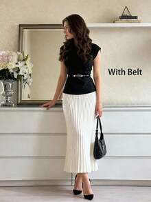 Conjunto de verano de 2 piezas: Top de punto ajustado sin mangas con cuello alto negro estilo vintage elegante y cómodo (con cinturón) combinado con falda plisada blanca de corte A de longitud media - Amarillo - Ver 7