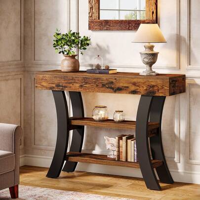 LITTLE TREE 104cm 3-Tier Rustic Console Table, Curved Frame Entryway Sofa Table With Storage Shelves For Hallway Living Room