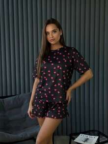 Conjunto de Pijama/Roupa de Descanso Feminino Solto com Estampa de Coração, Manga Curta e Shorts, 2 Peças, Primavera/Verão, Preto - Preto - Visão 5