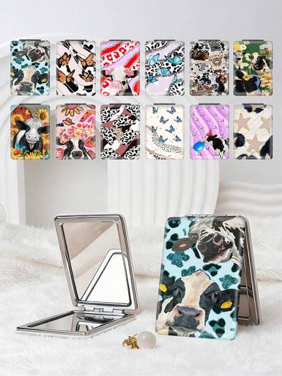 1pc Y2K Patchwork Vanity Mirror, Foldable Lightweight Compact Handheld Mirror, Durable PU Leather, Versatile For All, Rectangular Portable Pocket Mirror With Classic Elements Design Like Leopard, Butterfly, Sunflower, Star, Foldable Structure, Reliable, Scratch-Resistant, Convenient Handheld Makeup Mirror With 180° Double-Sided Flip Cover
