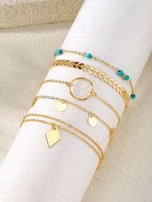 5pcs Luxury Minimalist Metal Turquoise Rhombus Pendant Anklet Set, European And American Fashion Summer Beach Vacation Style, Hot Selling High-Quality Foot Jewelry Suitable For Holiday Beach Wear - Yellow Gold - View 2